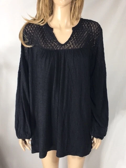 Style & Co Deep Black Crochet Trim Lace Shoulders Blouse Top Plus Size 3x
