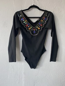 Body Vintage Años 80 Ropa Deportiva Negro Estrás Talla XS - Imagen 1 de 7