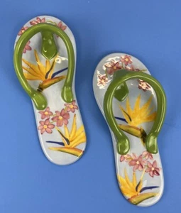 Ormsby Ceramic Flip Flops Tropical Floral Wall art Plaques Beach House Decor 9" - Picture 1 of 7