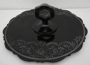 Vintage Art Deco Black Glass Dish with Handle & Sterling Silver Design 10" Wide - Picture 1 of 2