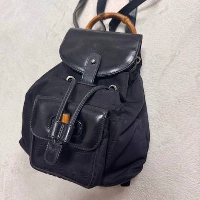 GUCCI Mochila con Mango de Bambú Bolso con Logo Cuero Negro Nylon Italia Auténtica Foto 1 de 4