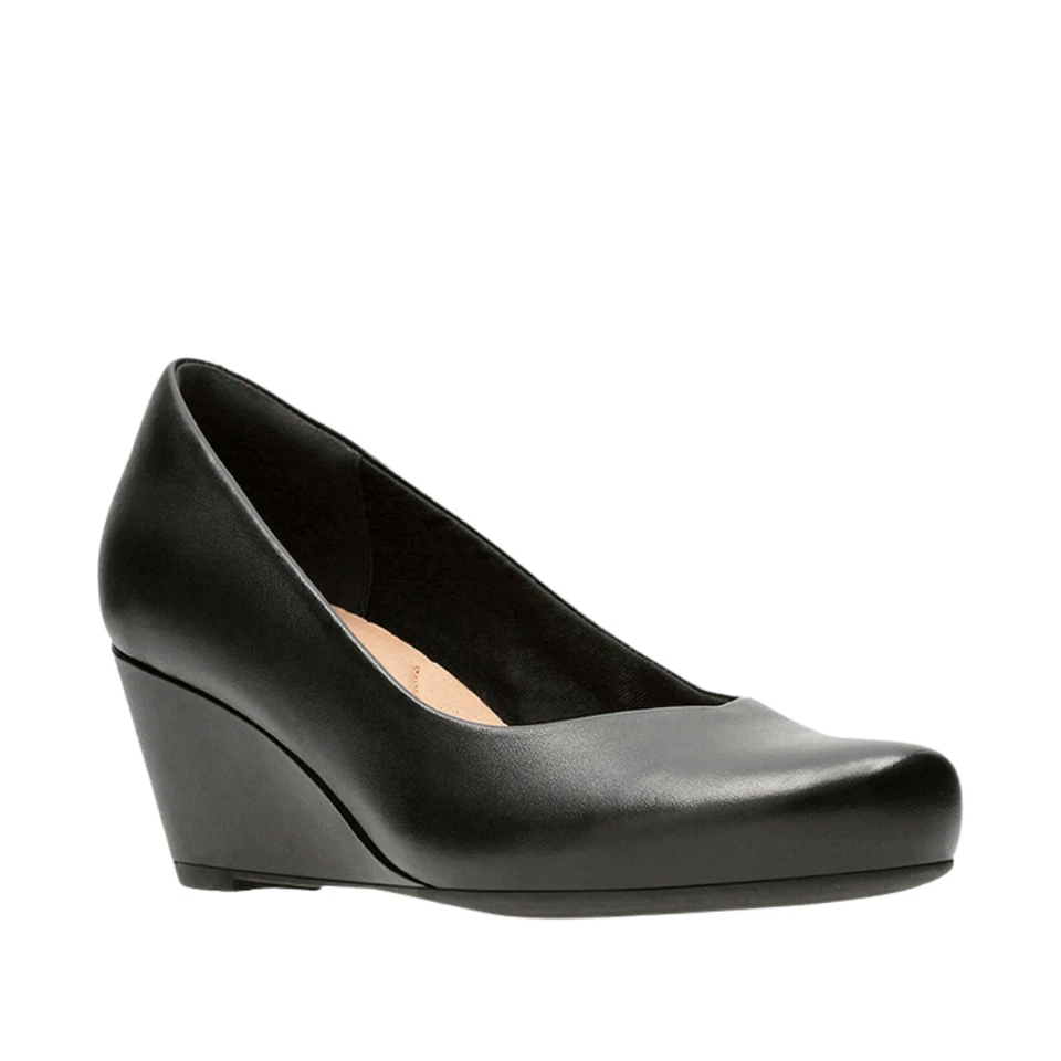 CLARKS Women's Flores Tulip Wedge Pump - Choose SZ/Color Black Leather 6.0 Medium (B M)