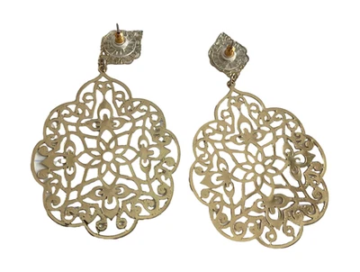 Vtg Earrings Gold Tone Filigree Floral Cutout Dangle Drop Pierced 3” Delicate  - Image 1 of 4