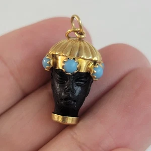 Blackamoor Head Charm / Pendant 18K Gold Signed Corletto Italy Turquoise Stones - Picture 1 of 7