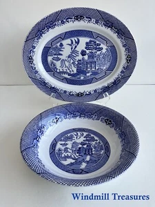 BARRATTS BLUE WHITE WILLOW PATTERN PLATTER & SERVING BOWL - GOOD CONDITION - Picture 1 of 8