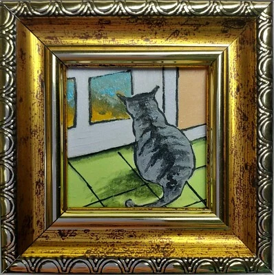 Gray cat mini painting original Portrait cat art Framed Funny kitten artwork - Image 1 of 4