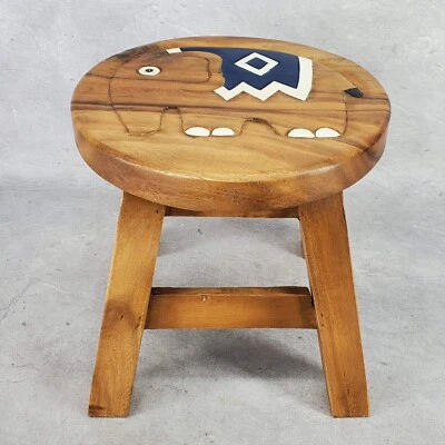 Elephant Hand Carved Short Stool Acacia Hardwood Decorative Kids Stool - Image 1 of 4