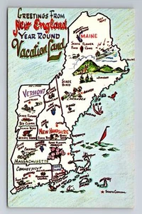 New England, Saluti Generali, Mappa Stati del New England, Cartolina d'epoca - Foto 1 di 2
