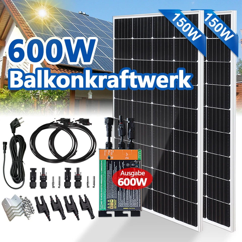 2*150W Solar Panel +Inverter Kit Home Photovoltaic Power System for Roof Balcony - Bild 1 von 4