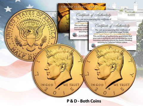 24K GOLD PLATED 2015 JFK Kennedy Half Dollar 2-Coin Set * P&D MINT * w/Capsules Cover