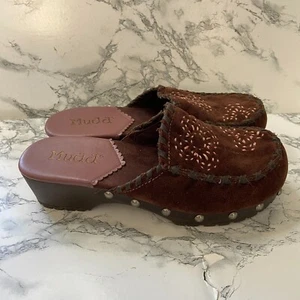 Vintage Mudd Women 10 Chunky Platform Clog Burgundy Y2K Square Toe 90s Shoe - Picture 1 of 7