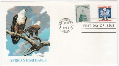 1983 USA FDC - Africa Fish Eagle - 9 Cent Stamp & 13 Cent Official Mail Stamp - image 1 of 2