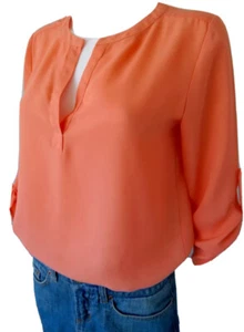 MAITAI Tangerine Solid Rolled Sleeve Henley Tunic Top Blouse SZ S - Picture 1 of 7