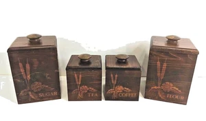 1940 Grannycore Cattail 4 Holz Kanister Set Zucker Mehl Kaffee Tee Box Set - Bild 1 von 7
