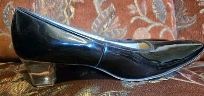 Vtg BLACK Womens Square Toe PUMPS SZ 9 Lucite Heels Fun MCM Pin Up Style Risque - Image 1 of 4