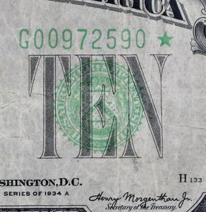 $10 1934A Star Mule Federal Reserve Note G00972590* series A, bp 561, Chicago - Picture 1 of 4