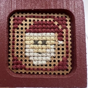 Vintage Hand Stitched Santa Inside A Block Wood 1.5” Needle Work - Picture 1 of 5