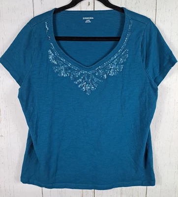 St Johns Bay Size XL Womens Blue Sequined Short Sleeve Top - Image 1 of 4