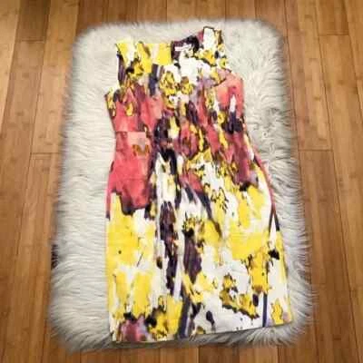 Calvin Klein Linen Blend Abstract Watercolor Yellow Orange Sheath Dress size 4P - Image 1 of 4