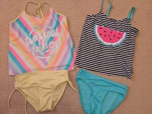 Lot of 2 Justice 2pc Swimsuits Sz 10 flip sequin Watermelon & Tropical Vibes