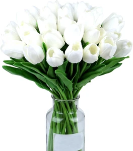 15Pcs White Flowers Artificial Tulips Fake Silk Flowers 14" in Bulk Home Kitchen - Picture 1 of 12