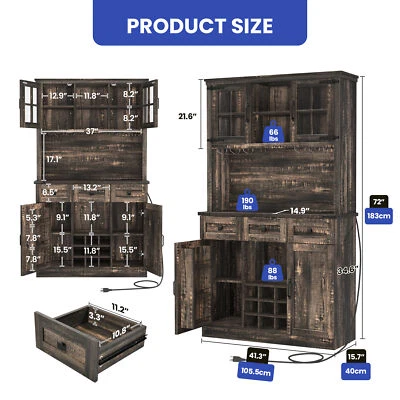 72" Kitchen Cabinet Pantry Bar Wine Storage  Drawers LED Lights w/ Power Outlets - Image 1 of 4