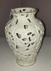 Beautiful Porcelain Vase Pierced with Raised Design & Gold Trim - Picture 1 of 5
