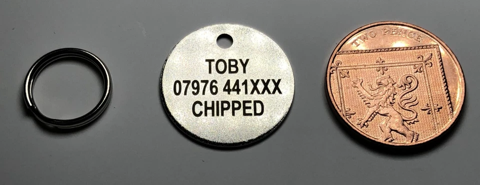 25mm LASER ENGRAVED PET TAGS ID DISC TAG CAT DOG METAL SILVER NICKEL + SPLITRING - Image 1 of 4