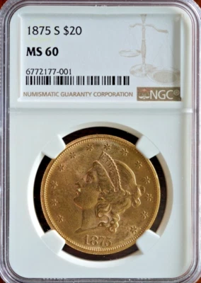Tough 1875-S $20 Liberty FEDERAL CURRENCY  Gold COIN MONEY Double Eagle Ngc 60 - Image 1 of 3
