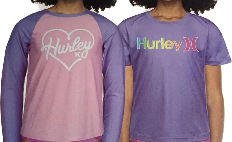 Paquete de 2 camisetas Hurley para niñas UPF 50+ H2O-Dri protección contra erupciones (púrpura, S 7/8) nuevas con etiquetas Foto 1 de 1