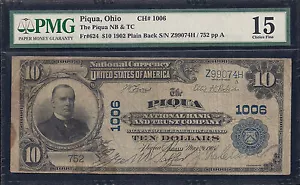 Piqua, Ohio, Charter #1006, Series1902, $10.00 Plain Back, 20 Notes Reported! - Picture 1 of 4