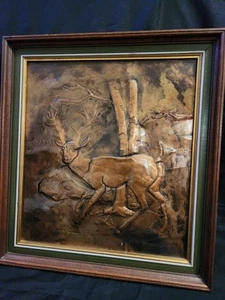 Vintage Framed Copper Relief Art Buck Deer 3D Signed Rustic Wildlife Metal Art - Picture 1 of 15
