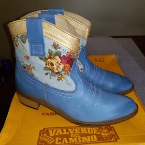 VALVERDE Del CAMINO BOTAS CALEROS Blue Floral Low Cowboy Cowgirl Boots Size 41 - Picture 1 of 12