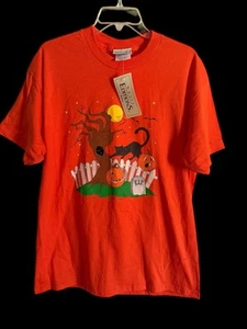 VTG Basic Editions Halloween Pumpkin Cat Graveyard Tree T Shirt Adult Large NWT - Picture 1 of 8