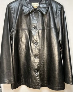 Vintage Merona Black Leather Jacket Women’s Size M – Soft Button-Up Long Sleeve - Picture 1 of 9