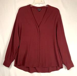 Eileen Fisher 100% Silk Blouse Sz L Button-Up Burgundy Crepe V Neck Quiet Luxury - Picture 1 of 12