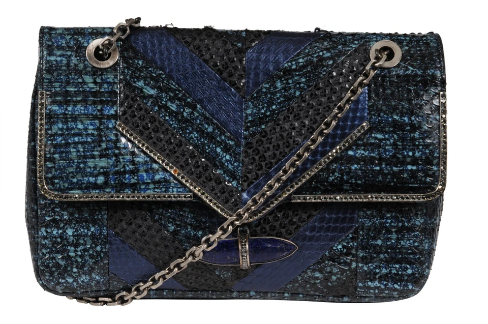 Bolso de Hombro Judith Leiber Zahara Patchwork Pitón Serpiente Lapislázuli Cadena Cartera Foto 1 de 4