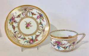 Antique Hirsch Dresden Tea Cup & Saucer, Flower Garlands, Gilded Trellis - Picture 1 of 11