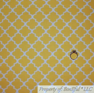 BonEful FABRIC FQ Cotton Quilt Yellow White Quadrefoil Damask Small Little Print - Picture 1 of 11