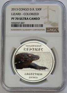 2013 SILVER CONGO 30 FRANCS COLORIZED LIZARD 20 GRAM PROOF COIN NGC PF 70 UC - Picture 1 of 2