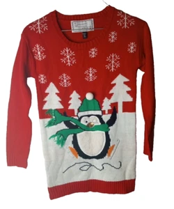 Derek Heart Penguin Ugly Christmas Sweater Kids Size Medium 10/12 Penguin Red - Picture 1 of 8