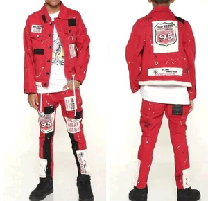 Kleep Boys Set Red Patch Washed Denim Jeans Jacket Pants Print Streetwear SZ 7/8 - Picture 1 of 12