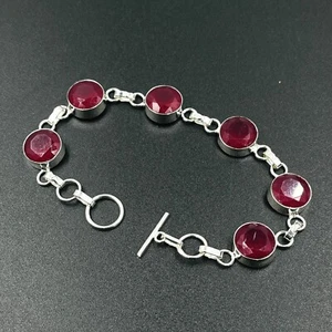 Six Pink Ruby Station Layering Chain Bracelet 925 Sterling Silver Size-7-8" - Picture 1 of 4