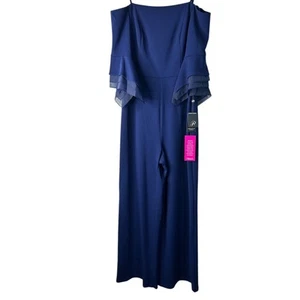 Adrianna Papell Jumpsuit 12 Navy Satin Organza Krepp Weites Bein Schulterfrei - Bild 1 von 14