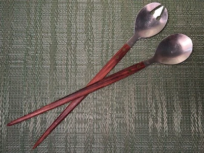 "Juego de servir ensaladas MCM de colección tenedor y cuchara mango de canoa de madera acero inoxidable 13""" Foto 1 de 4