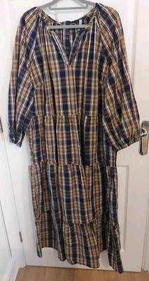 Joules Navy/Mustard Check Maxi Dress 100% Cotton Size 20 New Without Tags  - Image 1 of 4