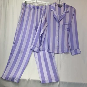 Loft Sleep Satin Pajama Set Women’s Size M Purple Candy Stripe Long Sleeve - Picture 1 of 13