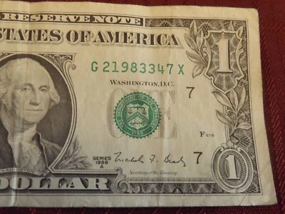OLD RARE SERIES 1988a BIRTHDAY DATED $1 ONE DOLLAR BILL G 21983347 X - Image 1 of 3