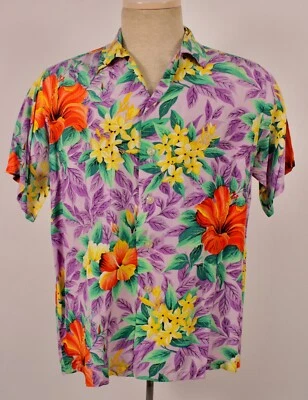 Camisa hawaiana pali floral púrpura y amarilla de colección para hombre talla M rayón años 50 Japón Foto 1 de 4