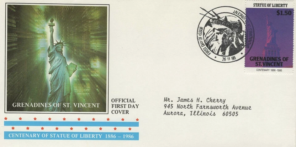 SAN VICENTE GRANADINAS 1986 PRIMER DÍA PORTADA CENTENARIO DE LA ESTATUA DE LA LIBERTAD  Foto 1 de 1